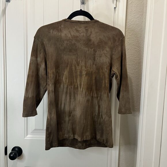 Glima Brown Tie Dye Shirt Womens Size L 3/4 Sleeve Hippie Boho Crochet Neck - Picture 6 of 9